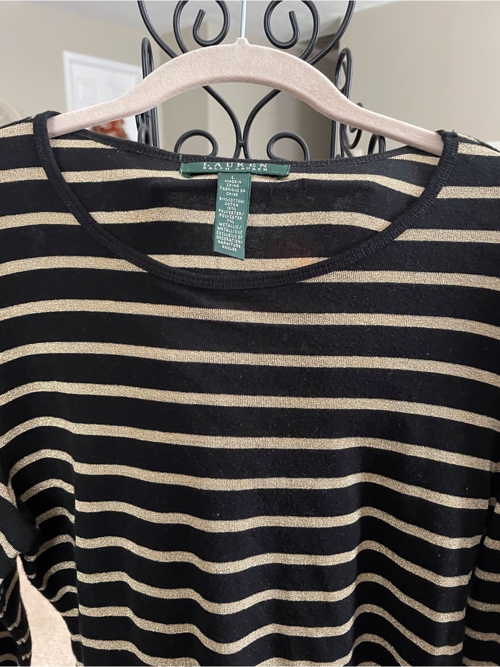 Lauren Ralph Lauren Black with Metallic Gold Stripe Long Sleeve Tee